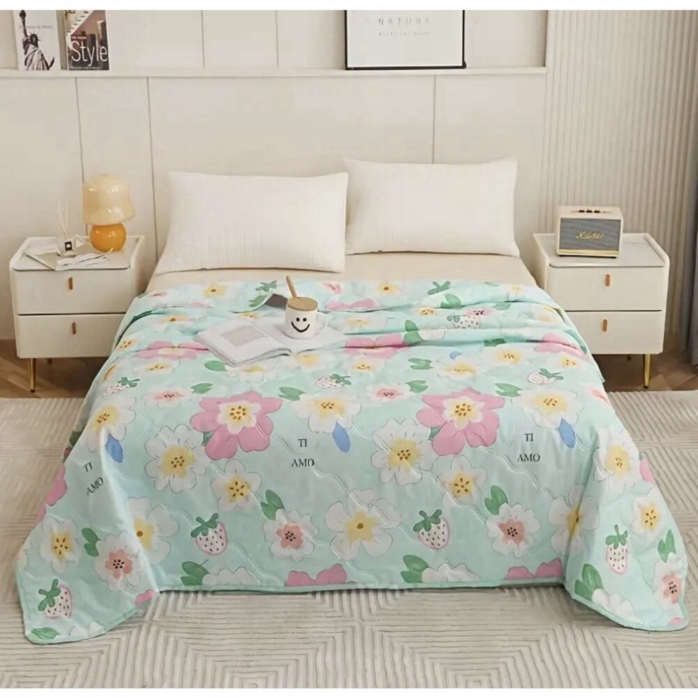 Floral Summer Greenish Teal Quilt/Blanket For Twin Size Bed NWT 100% Polyester